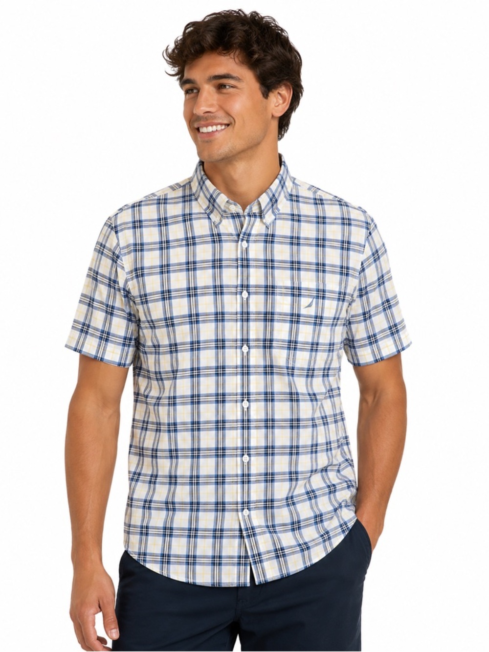 Nautica Blue Yellow Plaid Dress Shirt Size Large Casual Short Sleeved Business